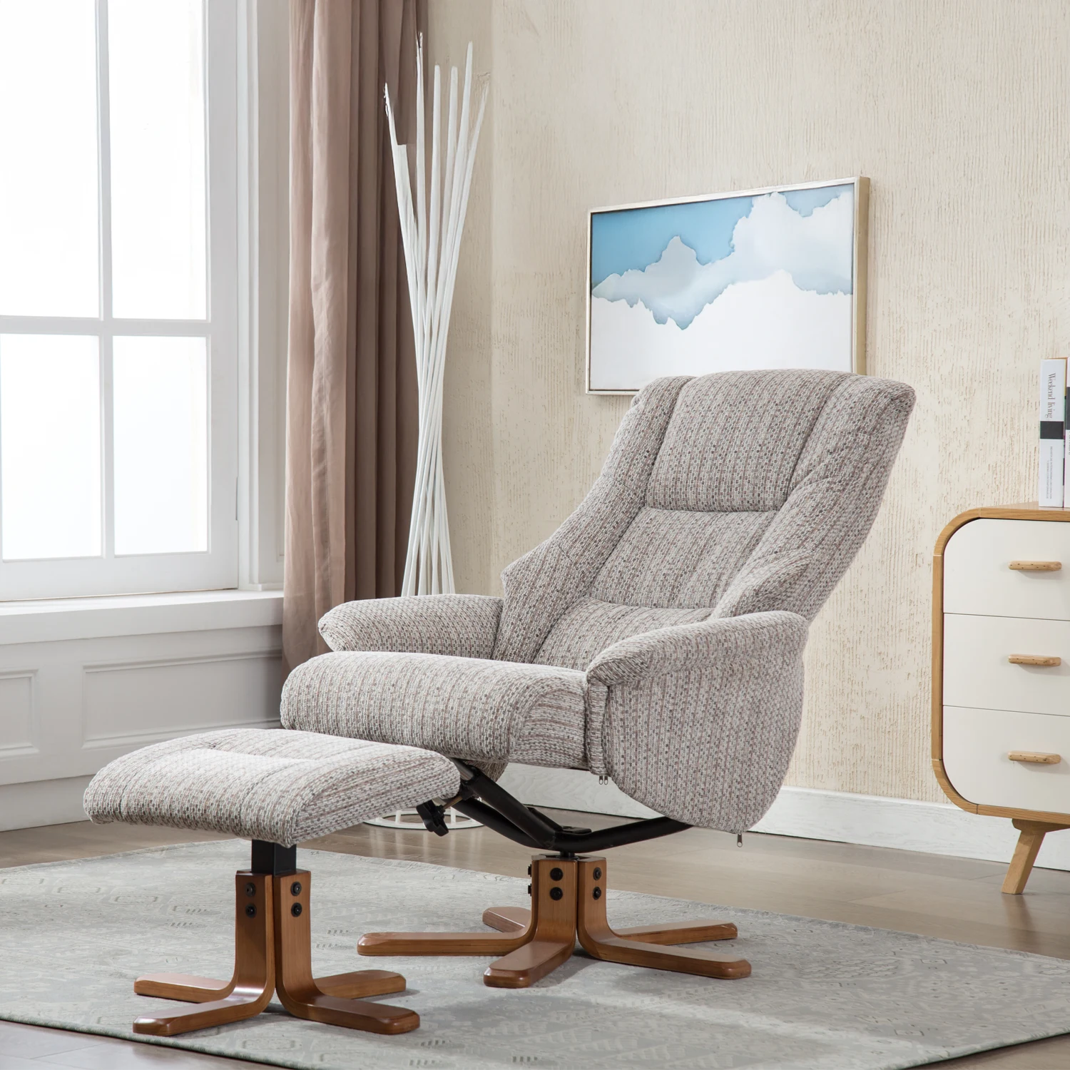 Emirates Fabric Swivel Recliner Chair with Footstool also available in Lake Blue - Chair in Reclining Position