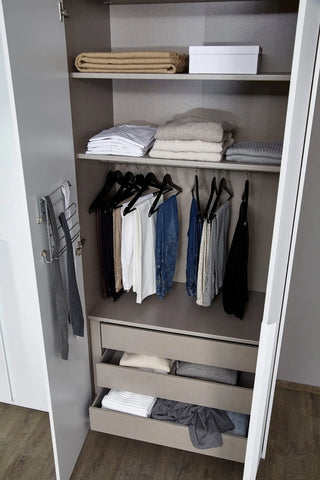 Rauch Frans Hinged Door Wardrobe with puristic design, revolving doors, spacious interior, premium quality, and soft-close mechanism. Customize your storage with 10-year warranty. Free assembly service included. - Inside wardrobe