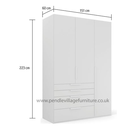 Rauch Frans Premium 3-Door Wardrobe with Drawers, Dimensions: W151cm x H223cm. Available in Glass Front White Glass, Basalt Glass, and Silk Grey Glass. Choose the optional mirror above drawers. Free delivery and assembly included. Enhance your space with this high-quality wardrobe - 021