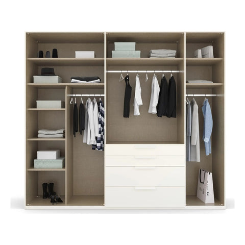 Rauch Frans 250cm White Wardrobe 5 Door with  drawers and mirror, Size: Width 250cm Height 223cm Depth 60cm. Front Finish Glass, Free Delivery and Assembly included in price - Interior Details Pendle Village Furniture