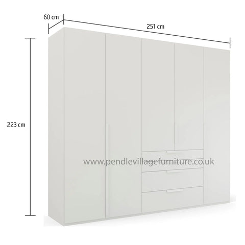 Rauch Frans 250cm White Wardrobe 5 Door with  drawers and mirror, Size: Width 250cm Height 223cm Depth 60cm. Front Finish Glass, Free Delivery and Assembly included in price - Dimensions Image Pendle Village Furniture