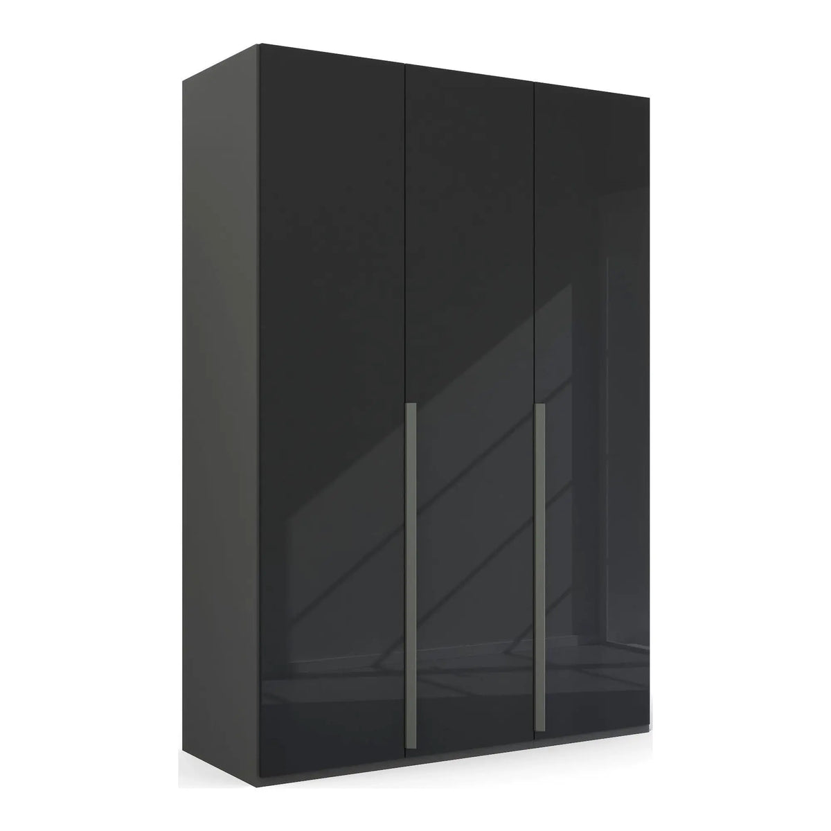 "Contemporary Frans Wardrobe with 3 Doors - Graphite finish. Elegant and functional design with elongated handles matching the cabinet color. Glass fronts provide a sophisticated touch. Available in three color options: Graphite, Silk Grey, and White. Elevate your storage with this stylish wardrobe." - Main