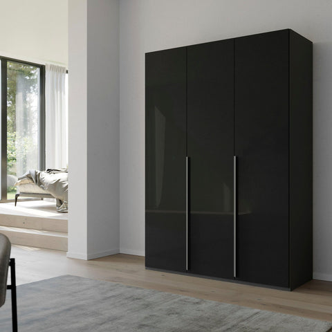 "Contemporary Frans Wardrobe with 3 Doors - Graphite finish. Elegant and functional design with elongated handles matching the cabinet color. Glass fronts provide a sophisticated touch. Available in three color options: Graphite, Silk Grey, and White. Elevate your storage with this stylish wardrobe." - 003