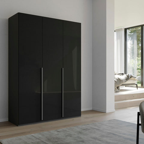 "Contemporary Frans Wardrobe with 3 Doors - Graphite finish. Elegant and functional design with elongated handles matching the cabinet color. Glass fronts provide a sophisticated touch. Available in three color options: Graphite, Silk Grey, and White. Elevate your storage with this stylish wardrobe." - 002