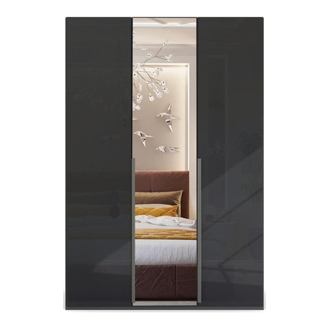 "Contemporary Frans Wardrobe with 3 Doors - Graphite finish. Elegant and functional design with elongated handles matching the cabinet color. Glass fronts provide a sophisticated touch. Available in three color options: Graphite, Silk Grey, and White. Elevate your storage with this stylish wardrobe." - 005