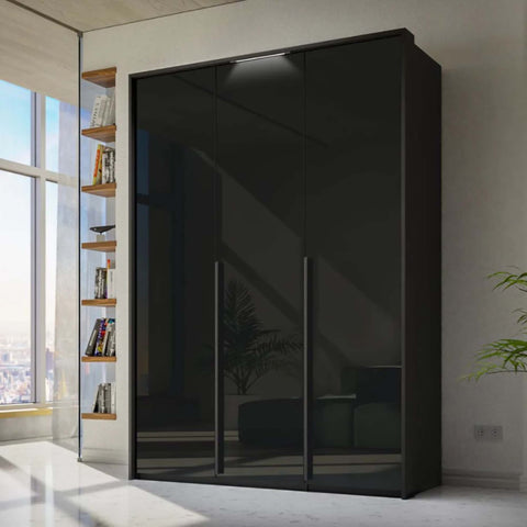 "Contemporary Frans Wardrobe with 3 Doors - Graphite finish. Elegant and functional design with elongated handles matching the cabinet color. Glass fronts provide a sophisticated touch. Available in three color options: Graphite, Silk Grey, and White. Elevate your storage with this stylish wardrobe." - 006