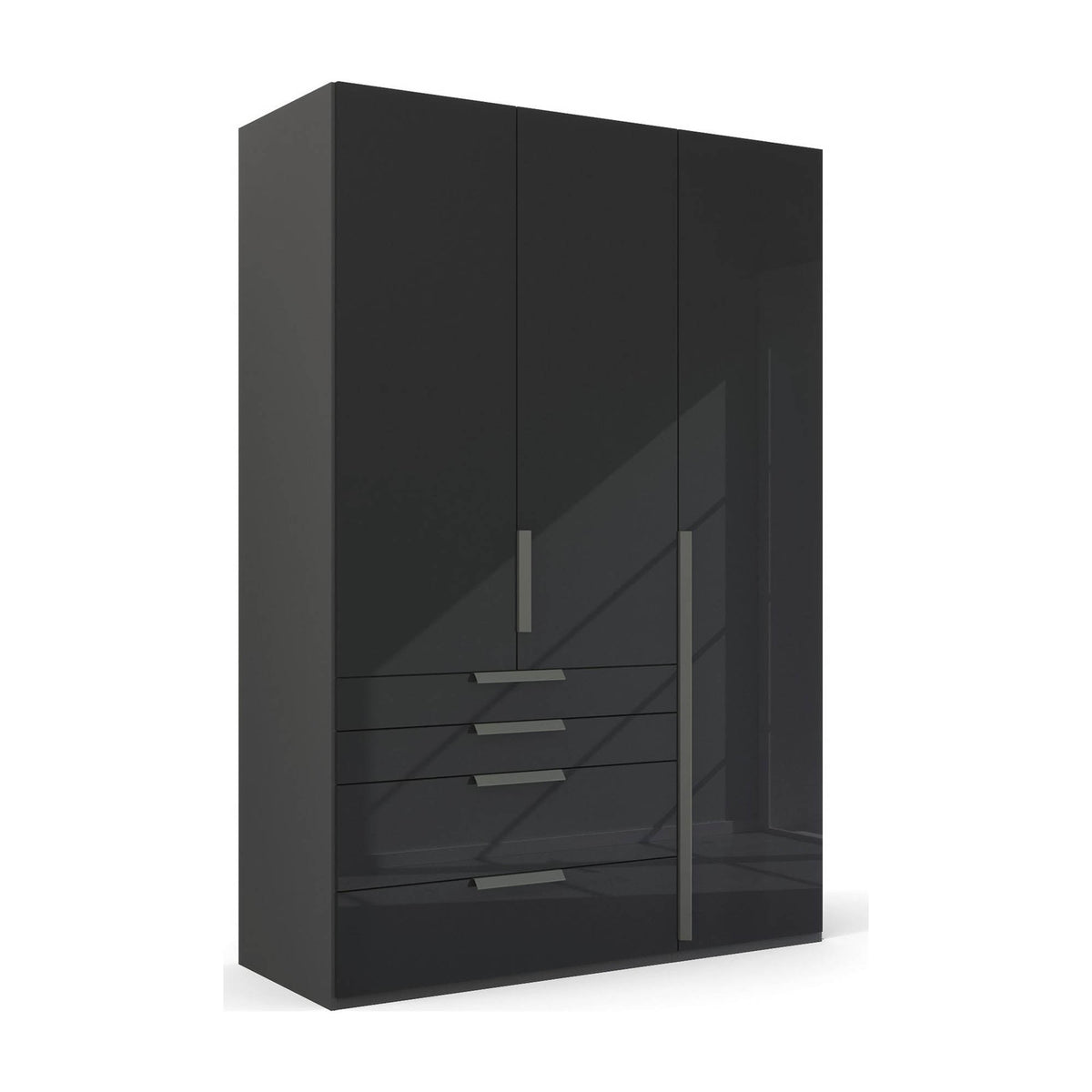 Rauch Frans Premium 3-Door Wardrobe with Drawers, Dimensions: W151cm x H223cm. Available in Glass Front White Glass, Basalt Glass, and Silk Grey Glass. Choose the optional mirror above drawers. Free delivery and assembly included. Enhance your space with this high-quality wardrobe - 001