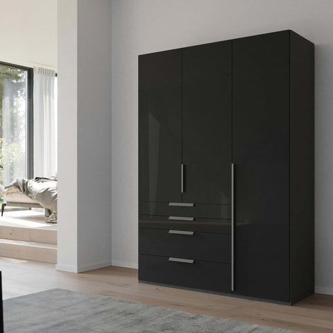 Rauch Frans Premium 3-Door Wardrobe with Drawers, Dimensions: W151cm x H223cm. Available in Glass Front White Glass, Basalt Glass, and Silk Grey Glass. Choose the optional mirror above drawers. Free delivery and assembly included. Enhance your space with this high-quality wardrobe - 002