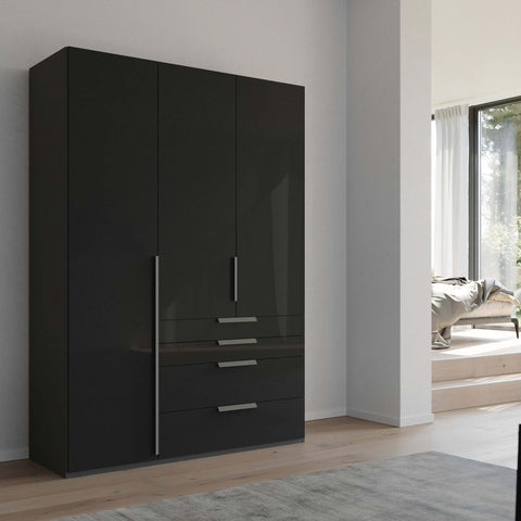 Rauch Frans Premium 3-Door Wardrobe with Drawers, Dimensions: W151cm x H223cm. Available in Glass Front White Glass, Basalt Glass, and Silk Grey Glass. Choose the optional mirror above drawers. Free delivery and assembly included. Enhance your space with this high-quality wardrobe - 003