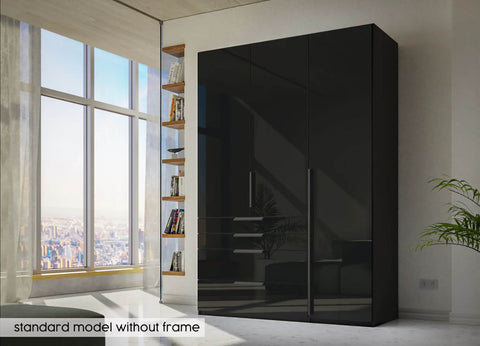 Rauch Frans Premium 3-Door Wardrobe with Drawers, Dimensions: W151cm x H223cm. Available in Glass Front White Glass, Basalt Glass, and Silk Grey Glass. Choose the optional mirror above drawers. Free delivery and assembly included. Enhance your space with this high-quality wardrobe - 005