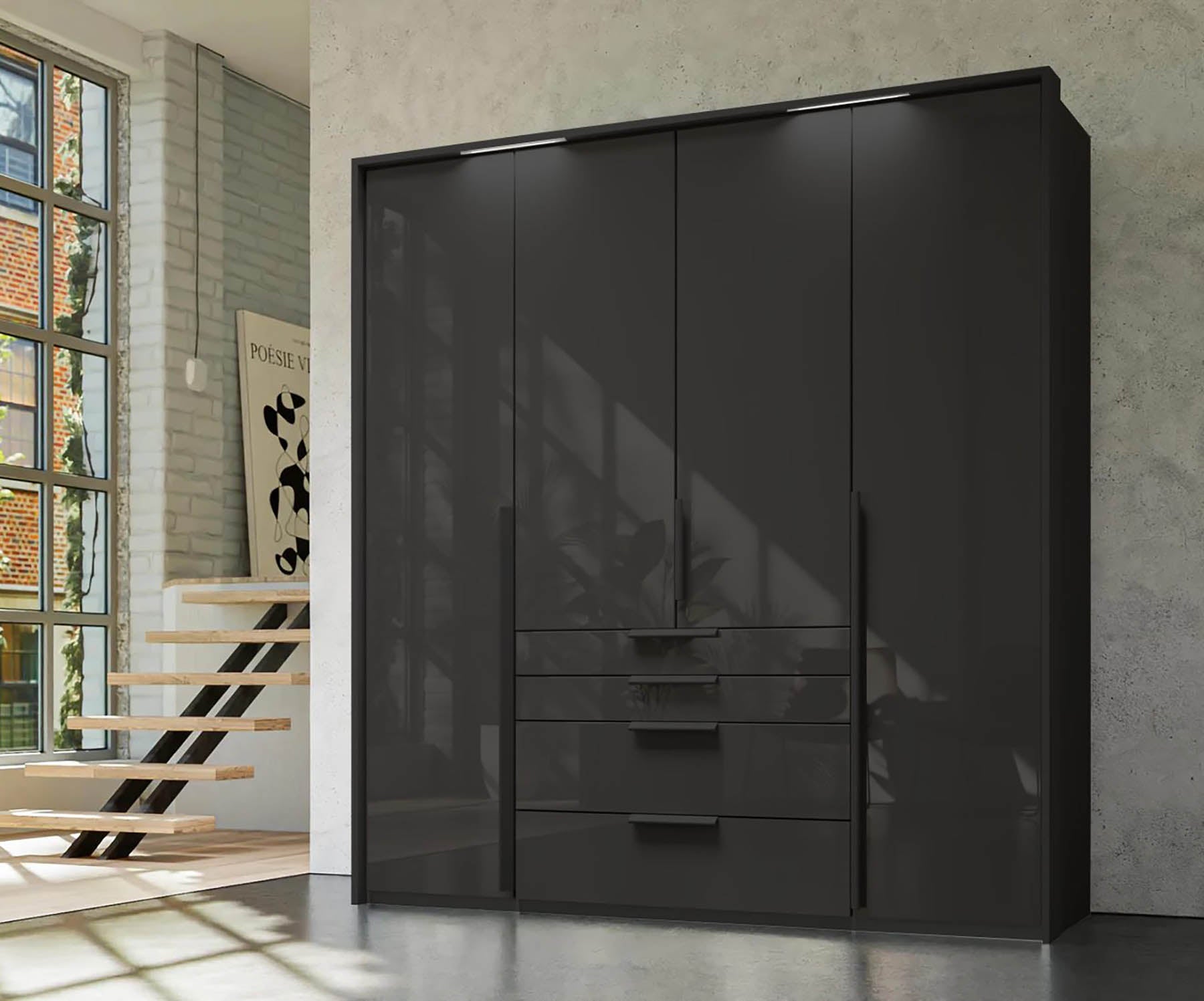 Frans 200cm Glass 4 Door Wardrobe with Drawers