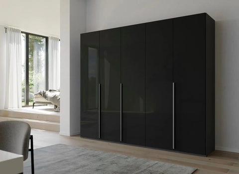 Frans Large 5 Door Wardrobe by Rauch with color glass fronts. Choose from refined White, Silk Grey, or Graphite finishes. Chic and versatile storage solution for your bedroom, featuring sophisticated design elements, comes with free assembly service. - 005