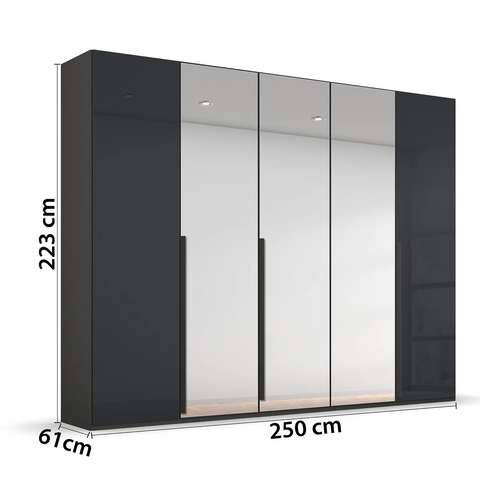 Rauch Purisma 5 Door Hinged Wardrobe in Basalt (Black) Glass and Mirror, Width 251cm, Height 223cm, Depth 60cm, with Long Black Door Handles. - Dimensions