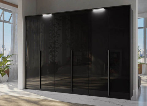 Franz Black 6 door wardrobe with shelves, 300cm Wide, comes with premium interior. Available for Sale online free delivery and assembly, Pay with interest free monthly instalments - With Passepartout Light Frame