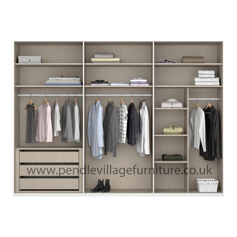 "Modern and Spacious 6-Door Wardrobe in Classic Black, Grey, and White Colors, Ideal for Contemporary Bedrooms, 300cm Width, Premium Quality, Free Delivery, and Assembly." - Interior Details