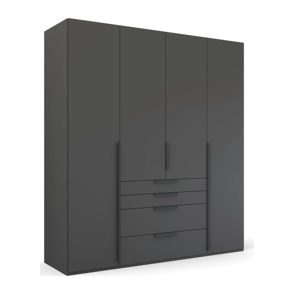 Frans 4-Door Wardrobe with Drawers in Graphite, showcasing modern design, spacious interior, and premium craftsmanship. Ideal for organised and stylish bedroom storage solutions. Dimensions are Width 200cm and Height 223cm. - 001