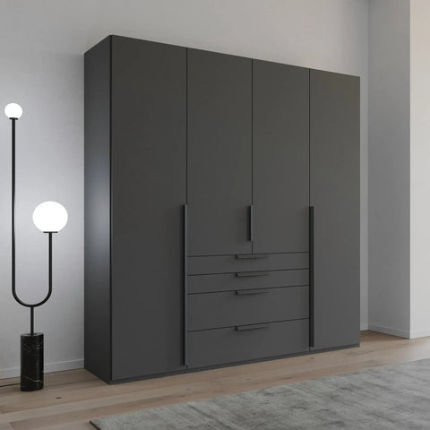 Frans 4-Door Wardrobe with Drawers in Graphite, showcasing modern design, spacious interior, and premium craftsmanship. Ideal for organised and stylish bedroom storage solutions. Dimensions are Width 200cm and Height 223cm. - 002