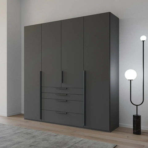 Frans 4-Door Wardrobe with Drawers in Graphite, showcasing modern design, spacious interior, and premium craftsmanship. Ideal for organised and stylish bedroom storage solutions. Dimensions are Width 200cm and Height 223cm. - 005