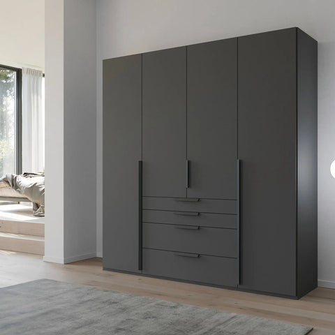 Frans 4-Door Wardrobe with Drawers in Graphite, showcasing modern design, spacious interior, and premium craftsmanship. Ideal for organised and stylish bedroom storage solutions. Dimensions are Width 200cm and Height 223cm. - 007