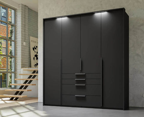 Frans 4-Door Wardrobe with Drawers in Graphite, showcasing modern design, spacious interior, and premium craftsmanship. Ideal for organised and stylish bedroom storage solutions. Dimensions are Width 200cm and Height 223cm. - 008