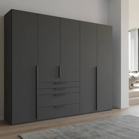 Frans Black 5 Door wardrobe with Drawers at the bottom, Size: Width 250cm, Height 223cm and Depth 60cm. Colour Graphite, Front Decor with optional Mirror - Bedroom Storage Solution Large Cupboard - 001