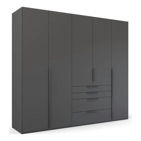 Frans Black 5 Door wardrobe with Drawers at the bottom, Size: Width 250cm, Height 223cm and Depth 60cm. Colour Graphite, Front Decor with optional Mirror - Bedroom Storage Solution Large Cupboard - 002