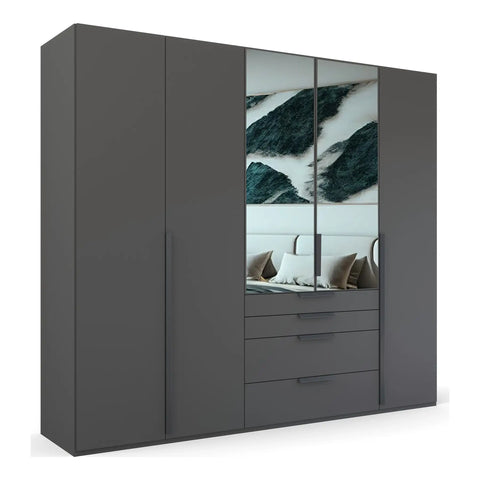 Frans Black 5 Door wardrobe with Drawers at the bottom, Size: Width 250cm, Height 223cm and Depth 60cm. Colour Graphite, Front Decor with optional Mirror - Bedroom Storage Solution Large Cupboard - 003