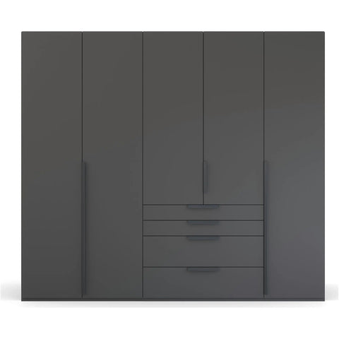 Frans Black 5 Door wardrobe with Drawers at the bottom, Size: Width 250cm, Height 223cm and Depth 60cm. Colour Graphite, Front Decor with optional Mirror - Bedroom Storage Solution Large Cupboard - 004