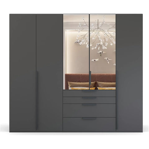 Frans Black 5 Door wardrobe with Drawers at the bottom, Size: Width 250cm, Height 223cm and Depth 60cm. Colour Graphite, Front Decor with optional Mirror - Bedroom Storage Solution Large Cupboard - 005