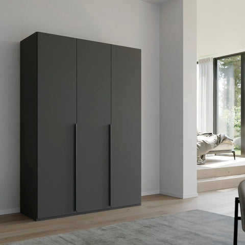 Frans Hinged 3 Door 150cm Wardrobe with Integrated Drawers and Modern Metal Handles in Cabinet Color, Premium Quality, Made in Germany. Size: Width 150cm Height 223cm Depth 60cm . Comes From Free Assembly Service - Graphite Colour lifestyle