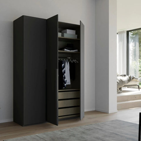 "Contemporary Frans Wardrobe with 3 Doors - Graphite finish. Elegant and functional design with elongated handles matching the cabinet color. Glass fronts provide a sophisticated touch. Available in three color options: Graphite, Silk Grey, and White. Elevate your storage with this stylish wardrobe." - 007