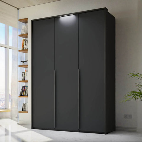 Frans 3 Door Graphite Wardrobe, Dimensions 150cm height 223cm with Light Passepartout Frame and Long Metal door Handles, enjoy free delivery and assembly 