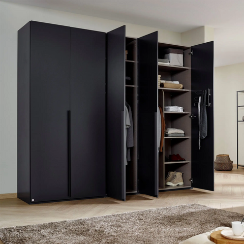 "Frans" 5-Door Wardrobe in Graphite with premium aquality construction, soft-close doors, and versatile storage options. - Open Doors