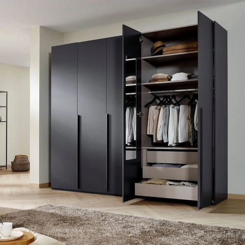 "Frans" 5-Door Wardrobe in Graphite with premium aquality construction, soft-close doors, and versatile storage options. - Door Open 2