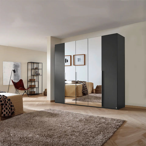 Rauch Purisma 5 Door Hinged Wardrobe in Graphite Matte Finish, Middle 3 Doors are in Mirror, Dimensions: Width 251 Height 223cm and Depth is 60cm - Lifestyle View 