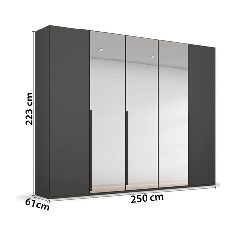 Rauch Purisma 5 Door Hinged Wardrobe in Graphite Matte Finish, Middle 3 Doors are in Mirror, Dimensions: Width 251 Height 223cm and Depth is 60cm - Dimensions Details