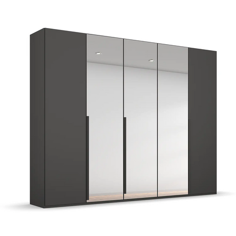 Rauch Purisma 5 Door Hinged Wardrobe in Graphite Matte Finish, Middle 3 Doors are in Mirror, Dimensions: Width 251 Height 223cm and Depth is 60cm - Angled View 