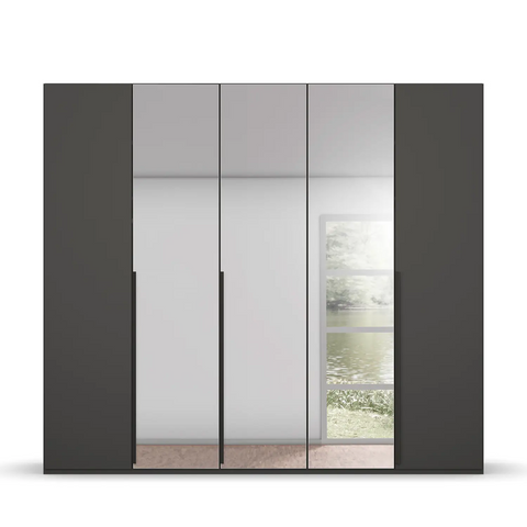 Rauch Purisma 5 Door Hinged Wardrobe in Graphite Matte Finish, Middle 3 Doors are in Mirror, Dimensions: Width 251 Height 223cm and Depth is 60cm - Front View 