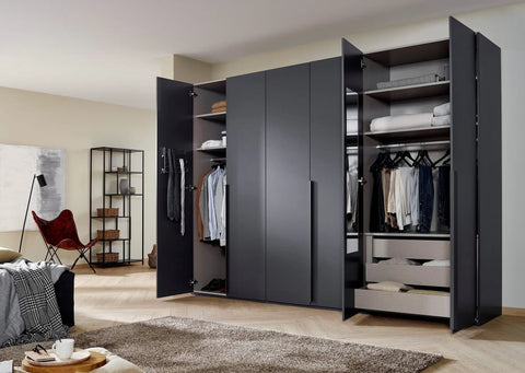 "Modern and Spacious 6-Door Wardrobe in Classic Black, Grey, and White Colors, Ideal for Contemporary Bedrooms, 300cm Width, Premium Quality, Free Delivery, and Assembly." - Graphite colour life style 2