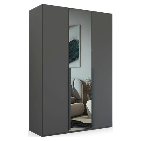 Frans Hinged 3 Door 150cm Wardrobe with Integrated Drawers and Modern Metal Handles in Cabinet Color, Premium Quality, Made in Germany. Size: Width 150cm Height 223cm Depth 60cm . Comes From Free Assembly Service - Graphite Colour With Middle Mirror Door