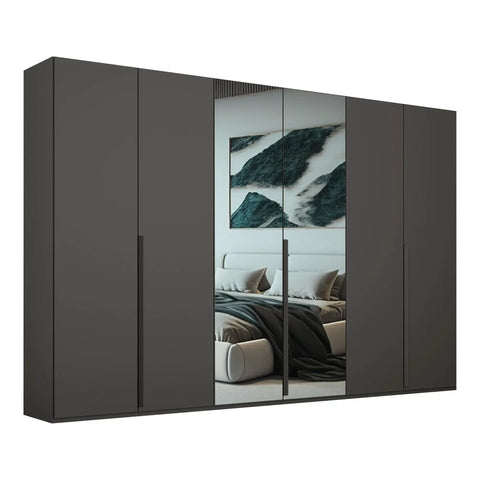 "Modern and Spacious 6-Door Wardrobe in Classic Black, Grey, and White Colors, Ideal for Contemporary Bedrooms, 300cm Width, Premium Quality, Free Delivery, and Assembly." - With Mirror