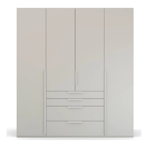 Frans 4-Door Wardrobe with Drawers in Silk Grey decor finish, showcasing modern design, spacious interior, and premium craftsmanship. Ideal for organised and stylish bedroom storage solutions. Dimensions are Width 200cm and Height 223cm. - 001