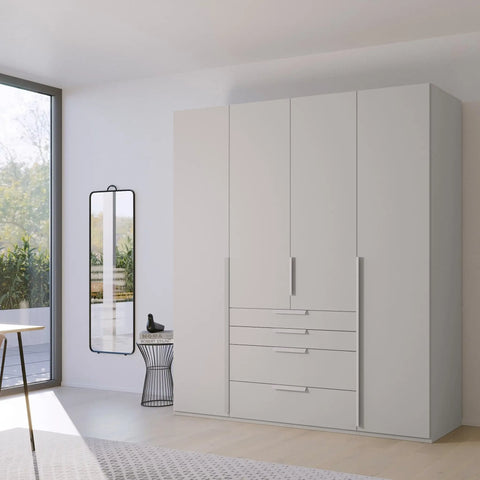 Frans 4-Door Wardrobe with Drawers in Silk Grey decor finish, showcasing modern design, spacious interior, and premium craftsmanship. Ideal for organised and stylish bedroom storage solutions. Dimensions are Width 200cm and Height 223cm. - 003