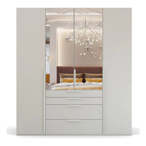 Frans 4-Door Wardrobe with Drawers in Silk Grey decor finish, showcasing modern design, spacious interior, and premium craftsmanship. Ideal for organised and stylish bedroom storage solutions. Dimensions are Width 200cm and Height 223cm. - 004