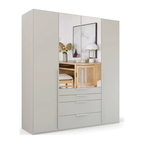 Frans 4-Door Wardrobe with Drawers in Silk Grey decor finish, showcasing modern design, spacious interior, and premium craftsmanship. Ideal for organised and stylish bedroom storage solutions. Dimensions are Width 200cm and Height 223cm. - 005