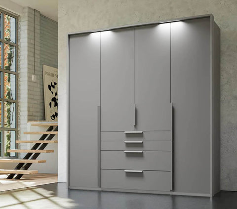 Frans 4-Door Wardrobe with Drawers in Silk Grey decor finish, showcasing modern design, spacious interior, and premium craftsmanship. Ideal for organised and stylish bedroom storage solutions. Dimensions are Width 200cm and Height 223cm. - 006