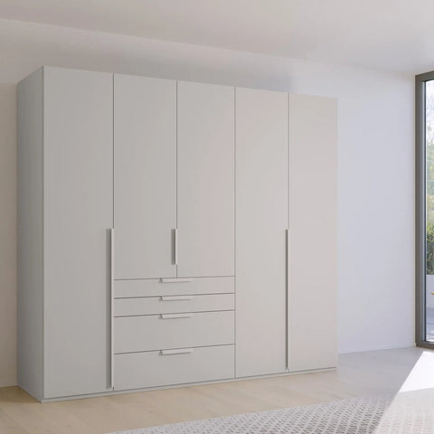 Frans 5 Door wardrobe Grey with Drawers at the bottom, Size: Width 250cm, Height 223cm and Depth 60cm. Colour Silk Grey, Front Decor with optional Mirror - Bedroom Storage Solution Large Cupboard - 004