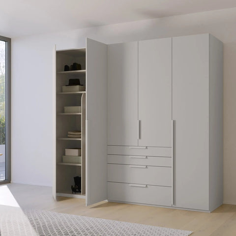 Frans 5 Door wardrobe Grey with Drawers at the bottom, Size: Width 250cm, Height 223cm and Depth 60cm. Colour Silk Grey, Front Decor with optional Mirror - Bedroom Storage Solution Large Cupboard - 002