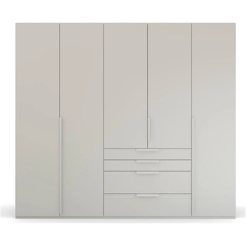 Frans 5 Door wardrobe Grey with Drawers at the bottom, Size: Width 250cm, Height 223cm and Depth 60cm. Colour Silk Grey, Front Decor with optional Mirror - Bedroom Storage Solution Large Cupboard - 006