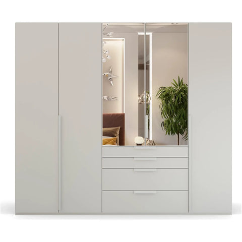 Frans 5 Door wardrobe Grey with Drawers at the bottom, Size: Width 250cm, Height 223cm and Depth 60cm. Colour Silk Grey, Front Decor with optional Mirror - Bedroom Storage Solution Large Cupboard - 005